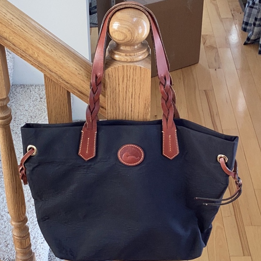 Dooney & Bourke Nylon Shopper Tote in Black with brown braided straps